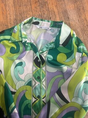 Zara Green 70s Print Satin Shirt - Size XL